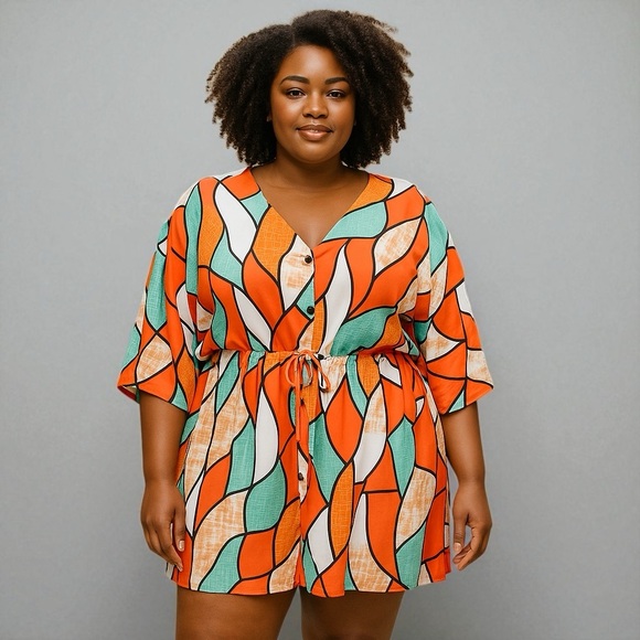 SHEIN Pants - Shein Curve Multicolor Short Sleeve Romper Shorts‎ Jumpsuit Elastic Waist 1XL